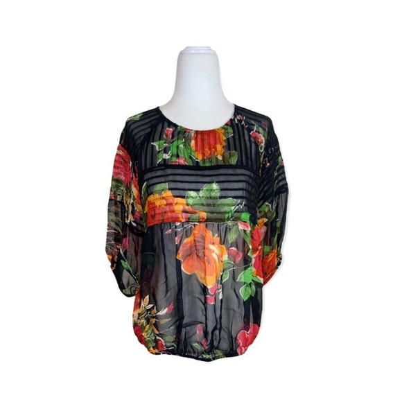 NWT Anthropologie top. Sheer black top with floral print. Gathers at waist. - Picture 3 of 3